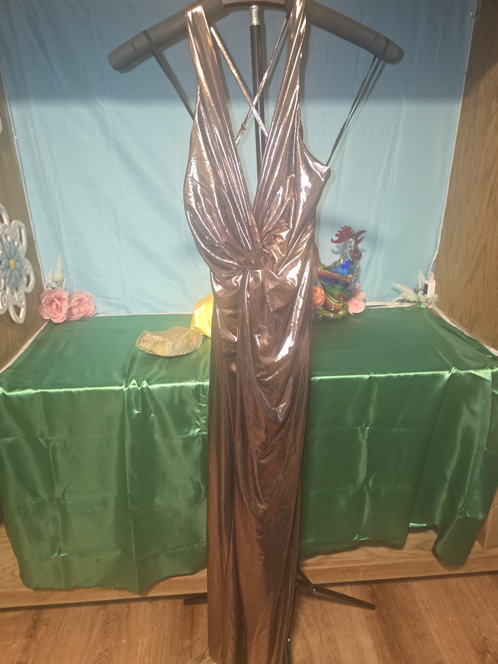 Line & Dot Bronze Metallic High-Low Evening Gown